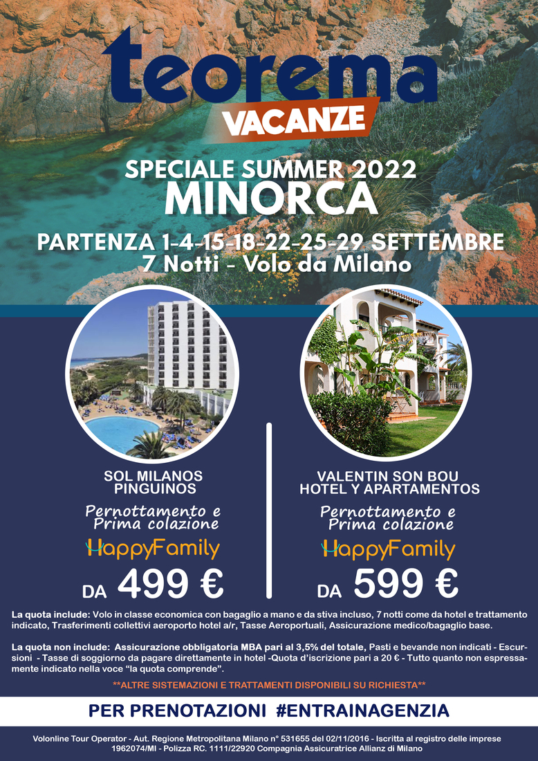 Minorca - 1-4-15-18-22-25-29 Settembre da Milano