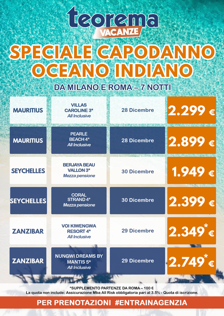 SPECIALE CAPODANNO OCEANO INDIANO da Milano e Roma