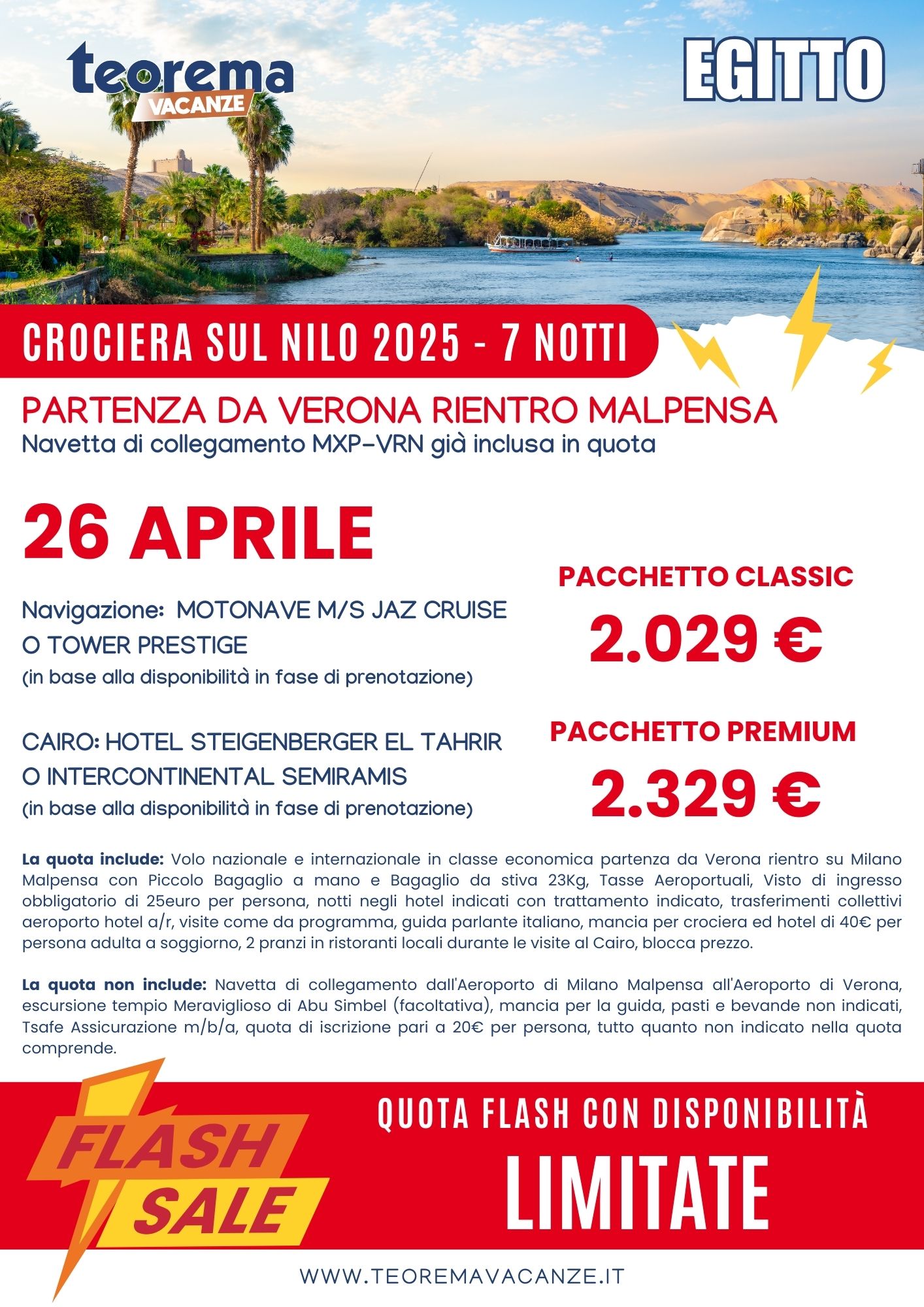 CROCIERA SUL NILO - FLASH SALE da Verona rientro Malpensa